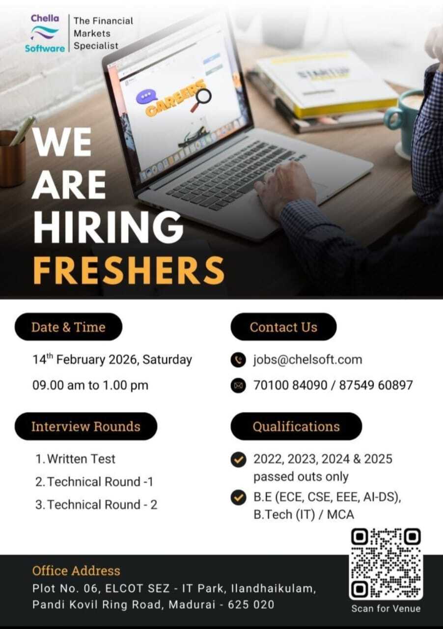 Freshers Walk-in Drive in Madurai | Chella Software Hiring 2026