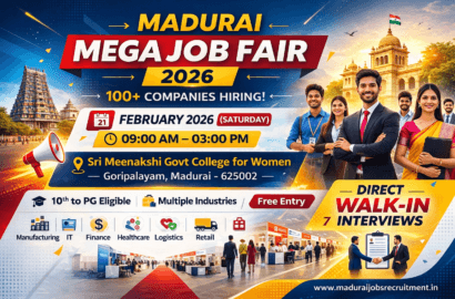 Madurai Mega Job Fair – 21 February 2026 (Saturday) | 100+ Companies Hiring at Sri Meenakshi Govt College for Women