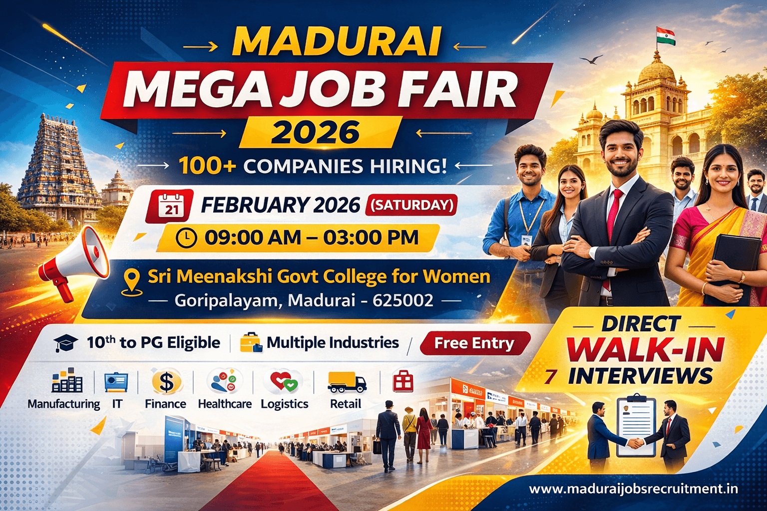 Madurai Mega Job Fair – 21 February 2026 (Saturday) | 100+ Companies Hiring at Sri Meenakshi Govt College for Women