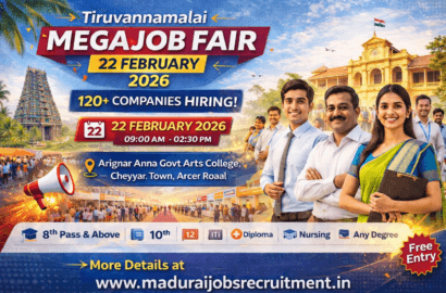 Tiruvannamalai District Mega Private Job Fair 2026 at Cheyyar – 120+ Companies Hiring on 22 February (Sunday)