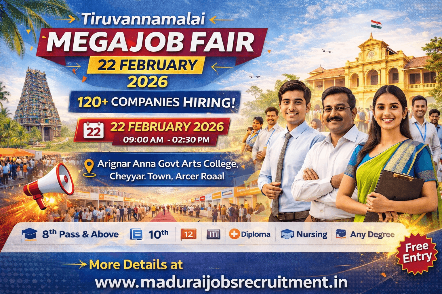 Tiruvannamalai District Mega Private Job Fair 2026 at Cheyyar – 120+ Companies Hiring on 22 February (Sunday)