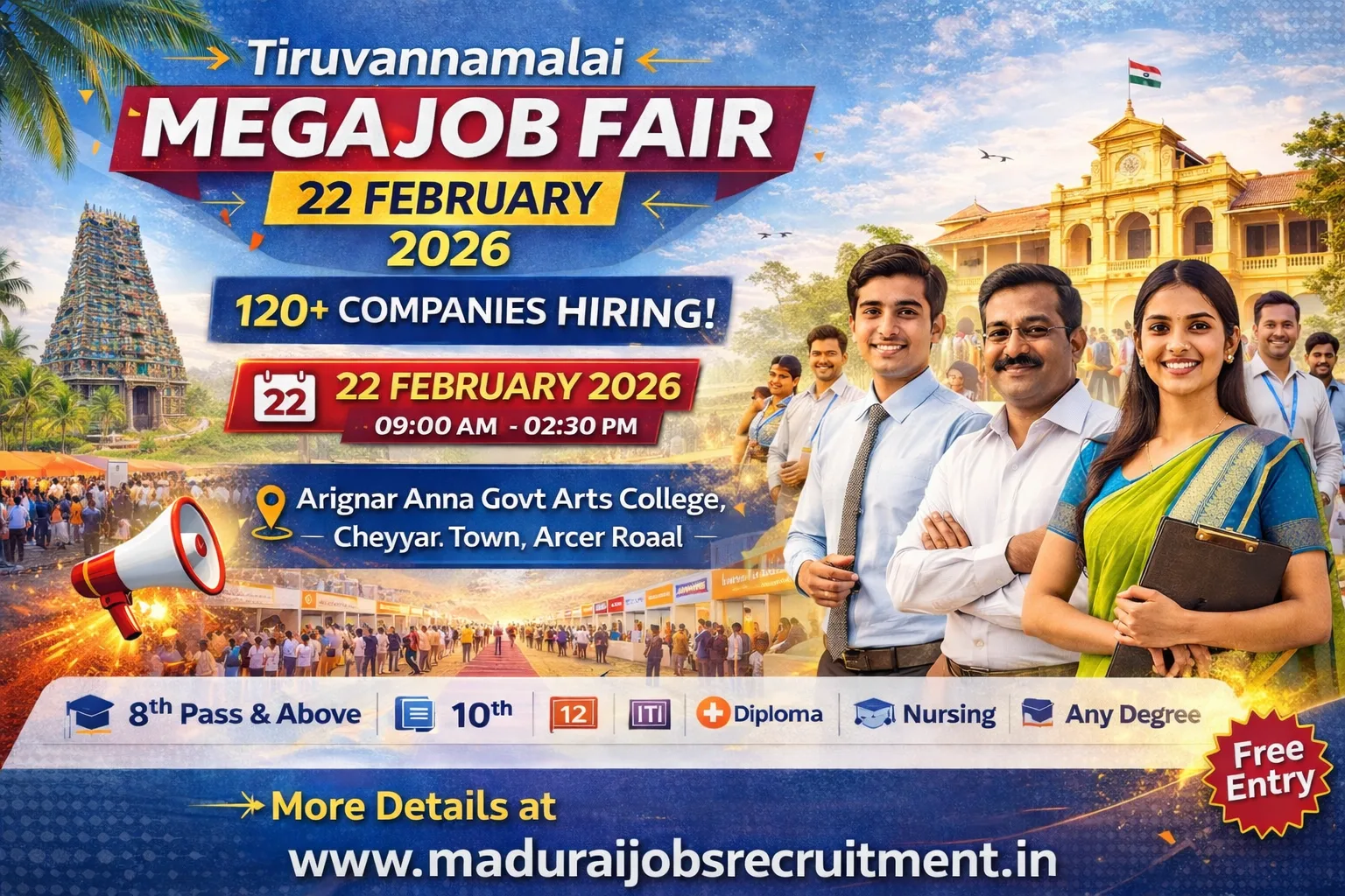 Tiruvannamalai District Mega Private Job Fair 2026 at Cheyyar – 120+ Companies Hiring on 22 February (Sunday)