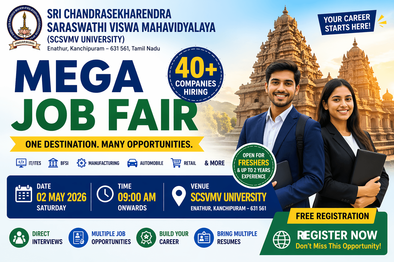 Kanchipuram Mega Job Fair 2026 at SCSVMV University – 40+ Companies Hiring on 2 May