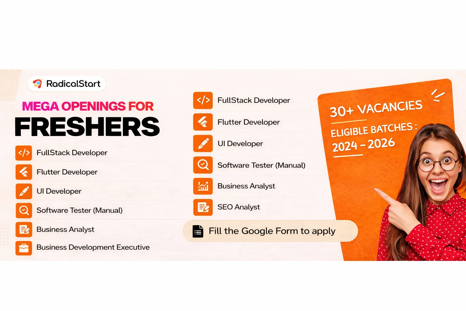 Mega Openings for Freshers 2024 to 2026 β 30+ IT & Non-IT Jobs at RadicalStart