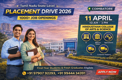 Tamil Nadu State-Level Placement Drive 2026 at Hindusthan College, Coimbatore – 1000+ Job Openings on 11 April