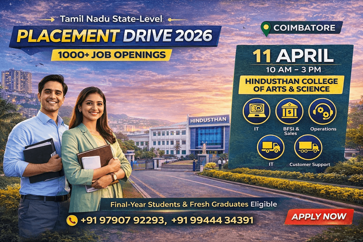 Tamil Nadu State-Level Placement Drive 2026 at Hindusthan College, Coimbatore – 1000+ Job Openings on 11 April