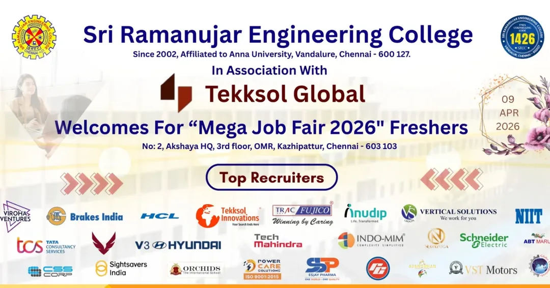 Chennai Mega Job Fair 2026 at Sri Ramanujar Engineering College – Freshers Hiring Drive on 9 April