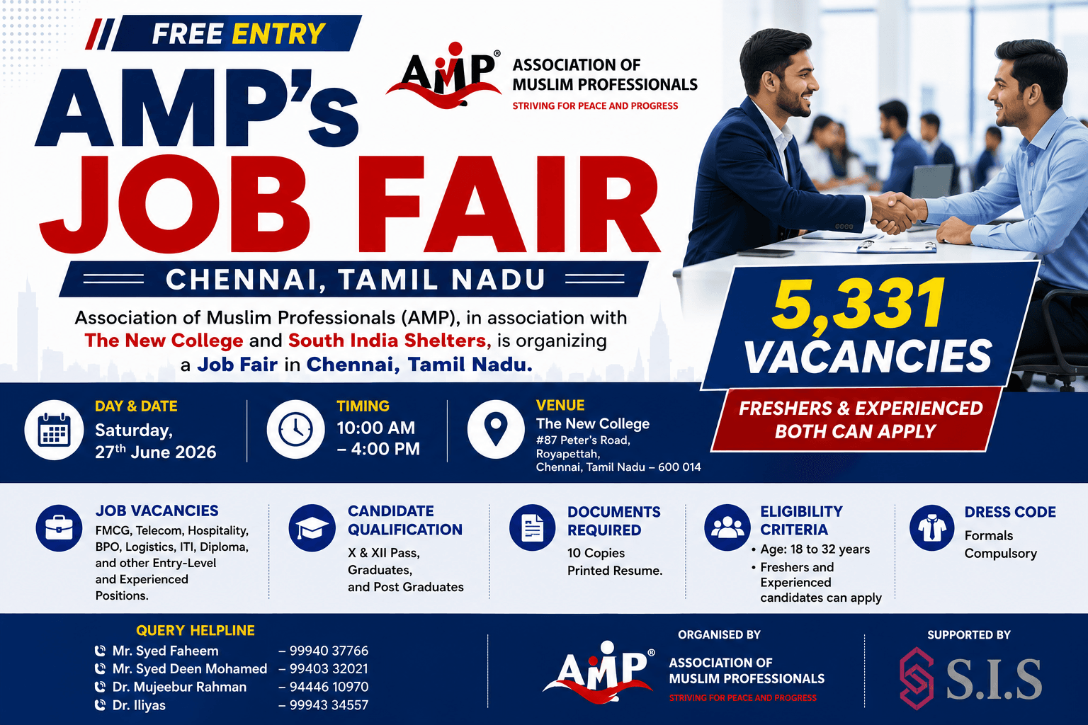 AMP Job Fair Chennai 2026 | 5,331 Vacancies at The New College, Royapettah