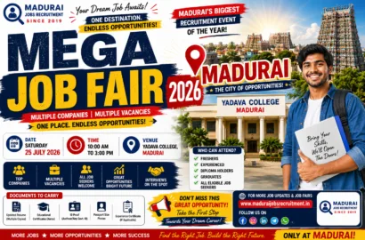 Madurai Mega Job Fair 2026 at Yadava College featuring multiple companies, private job openings, and walk-in interview opportunities for freshers and experienced candidates
