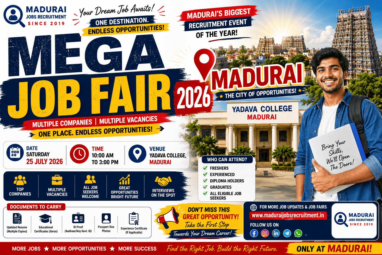 Madurai Mega Job Fair 2026 at Yadava College featuring multiple companies, private job openings, and walk-in interview opportunities for freshers and experienced candidates