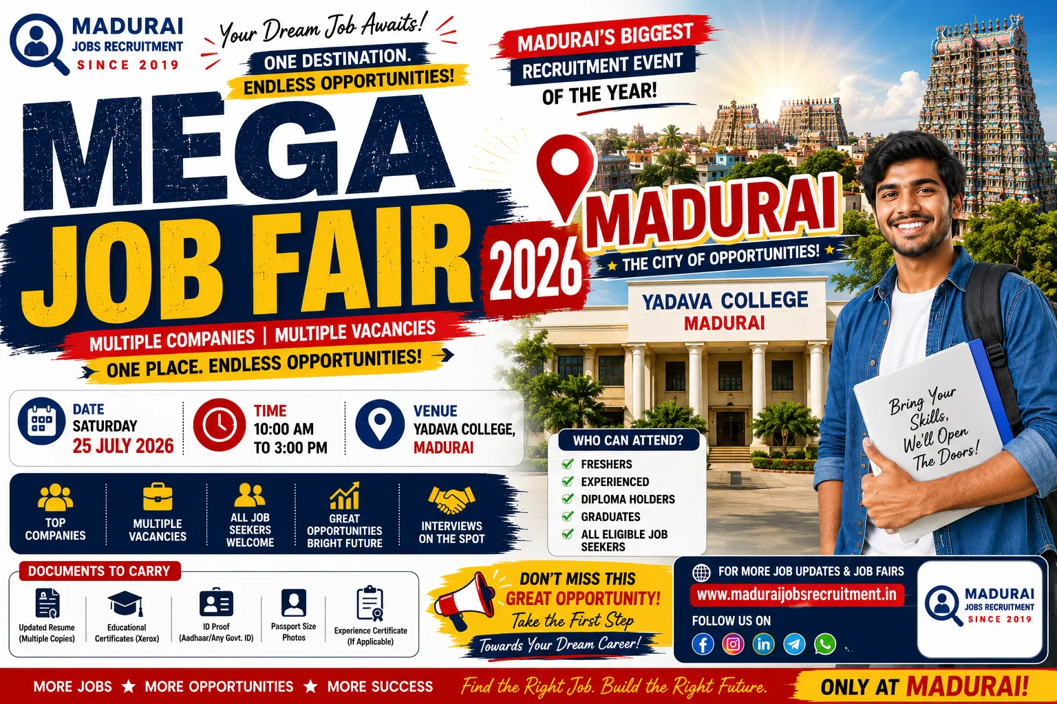 Madurai Mega Job Fair 2026 at Yadava College featuring multiple companies, private job openings, and walk-in interview opportunities for freshers and experienced candidates