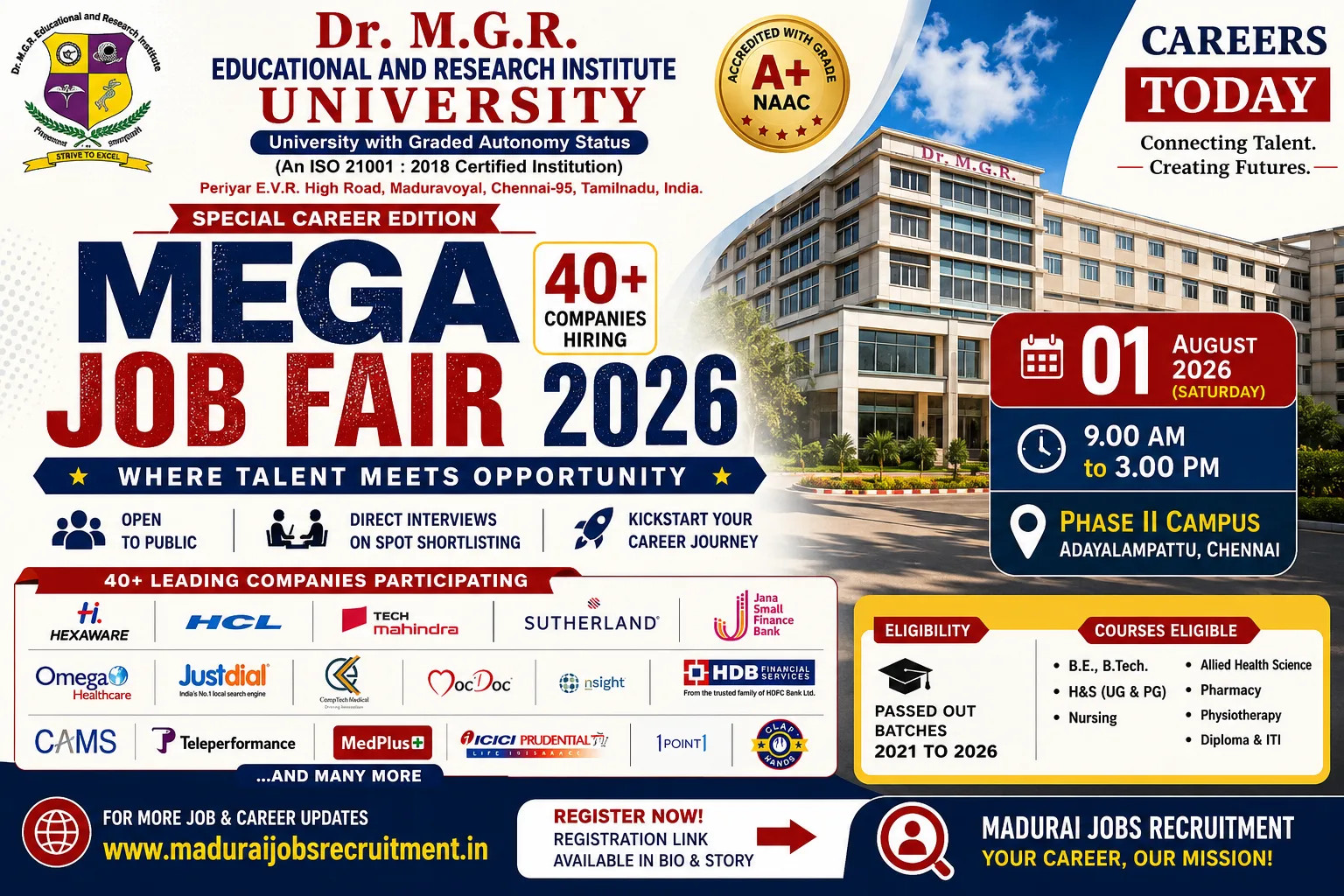 Mega Job Fair 2026 at Dr. M.G.R. Educational and Research Institute University Chennai featuring 40+ leading companies hiring through direct interviews