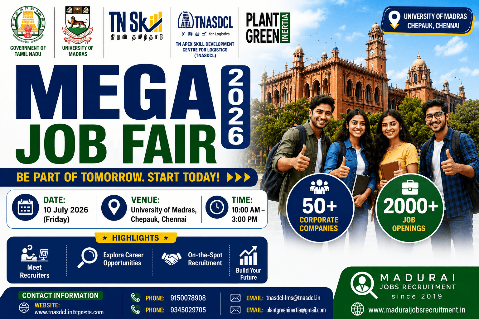 Mega Job Fair 2026 at University of Madras, Chennai – 50+ Companies & 2,000+ Job Opportunities on 10 July 2026