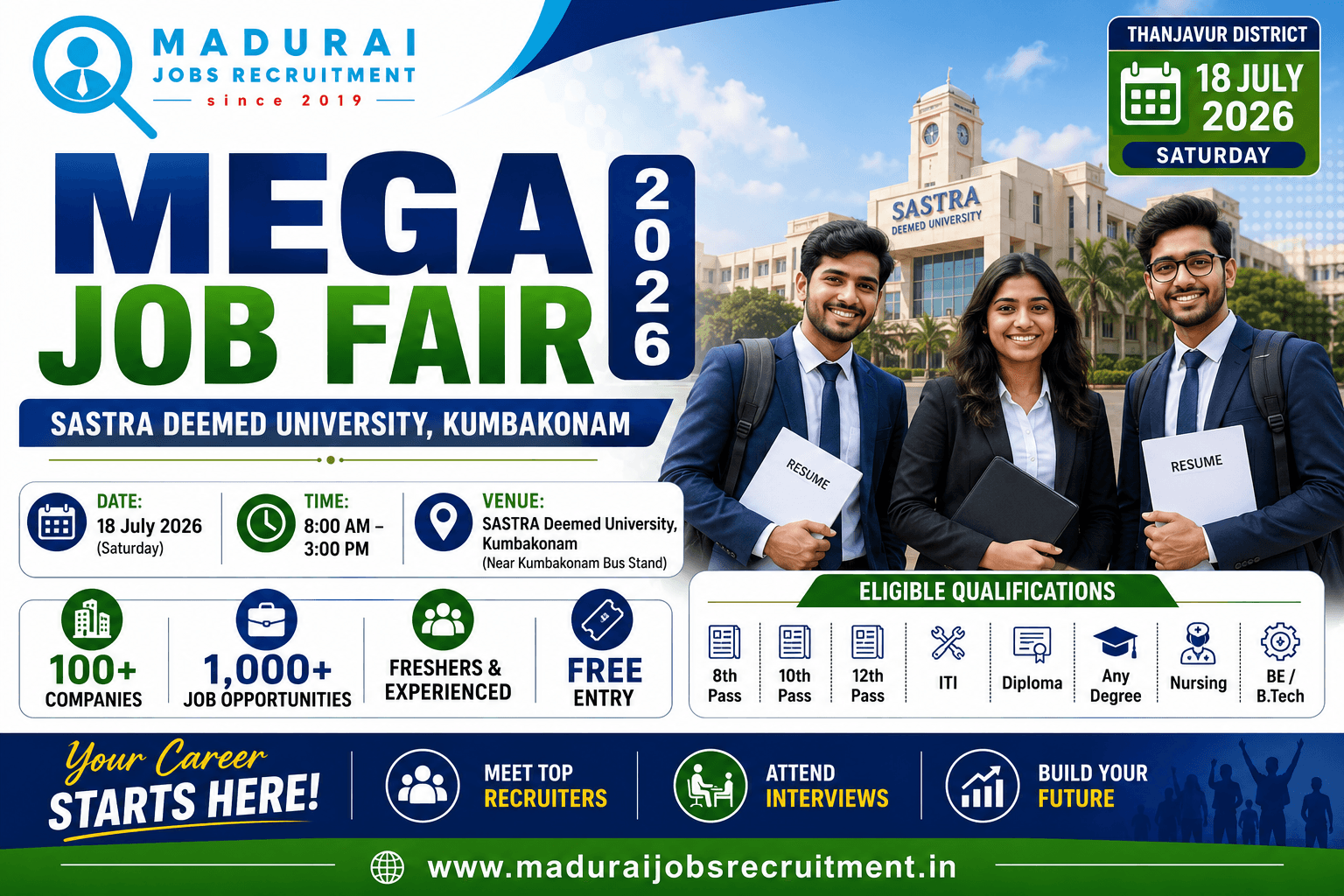 SASTRA Deemed University Mega Job Fair 2026 | 100+ Companies & 1,000+ Jobs