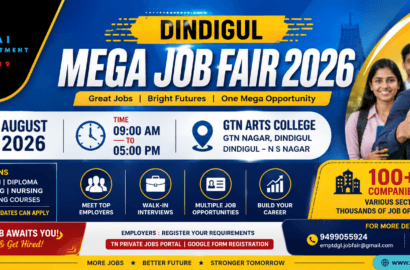Dindigul Mega Job Fair 2026 | GTN Arts College | 08 August 2026