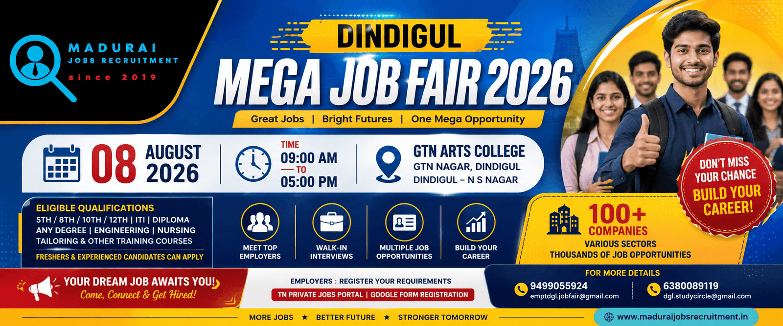 Dindigul Mega Job Fair 2026 | GTN Arts College | 08 August 2026