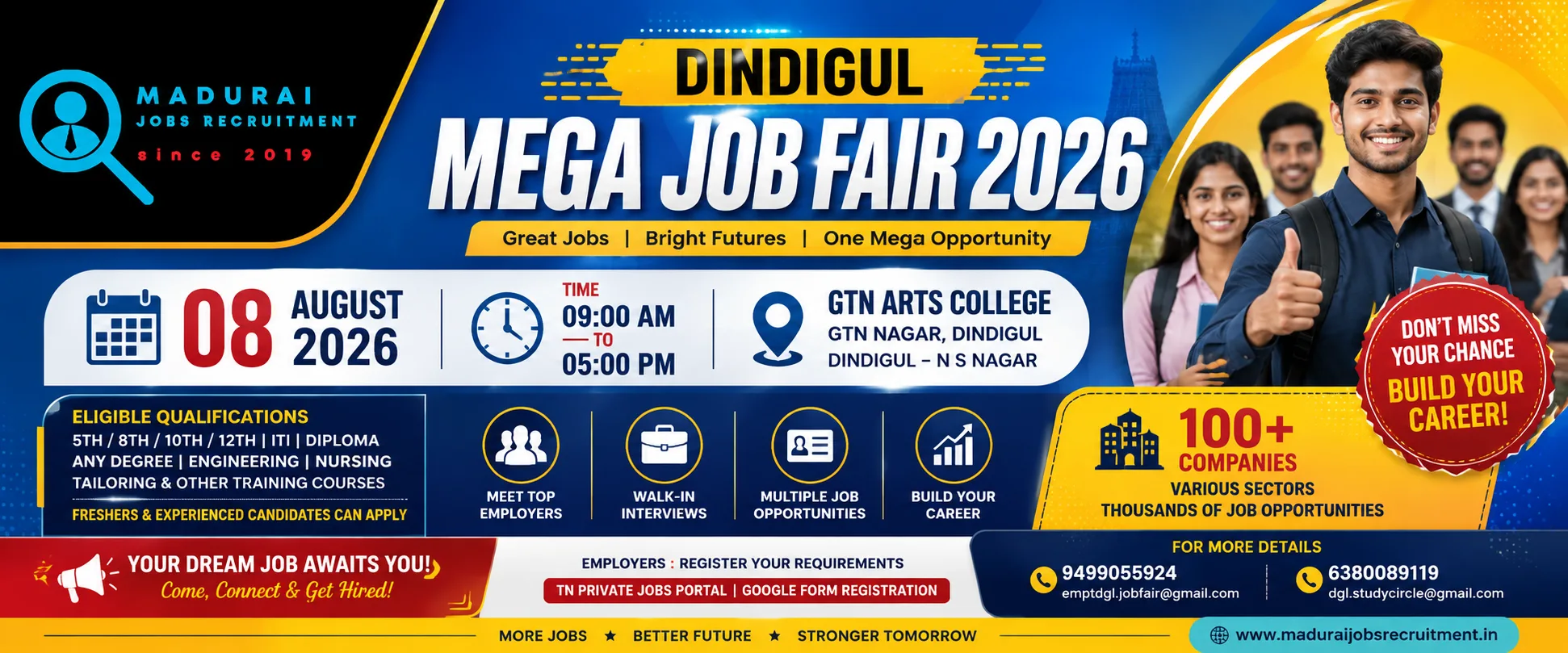 Dindigul Mega Job Fair 2026 | GTN Arts College | 08 August 2026