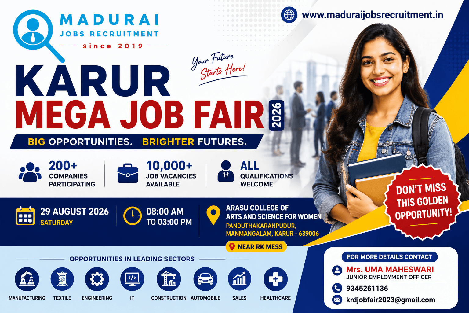 Karur Mega Job Fair 2026 at Arasu College of Arts and Science for Women – 29 August