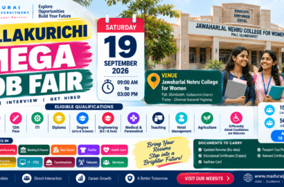 Kallakurichi Mega Job Fair 2026 at Jawaharlal Nehru College for Women on 19 September
