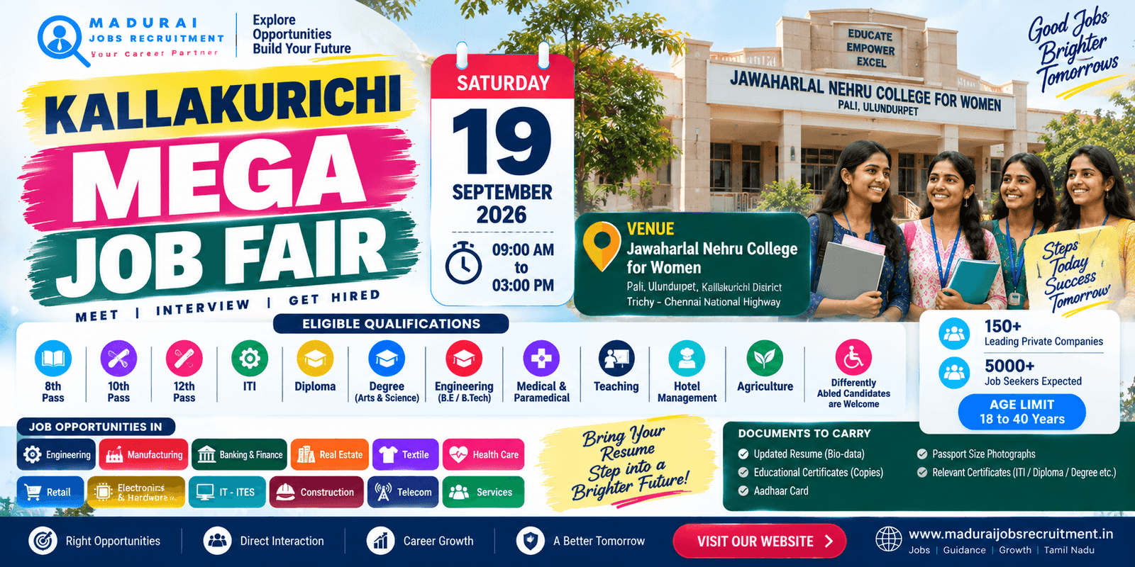 Kallakurichi Mega Job Fair 2026 at Jawaharlal Nehru College for Women on 19 September