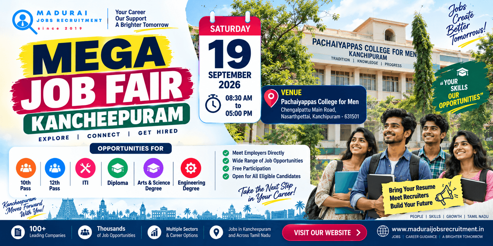 Kancheepuram Mega Job Fair 2026 at Pachaiyappa’s College for Men on 19 September