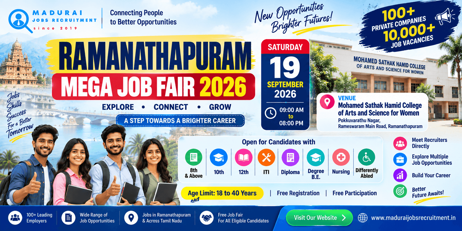 Ramanathapuram Mega Job Fair 2026 at Mohamed Sathak Hamid College on 19 September