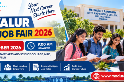 Ariyalur Mega Job Fair 2026 banner for the recruitment event at Meenatchi Ramasamy Arts and Science College, Thathanur.