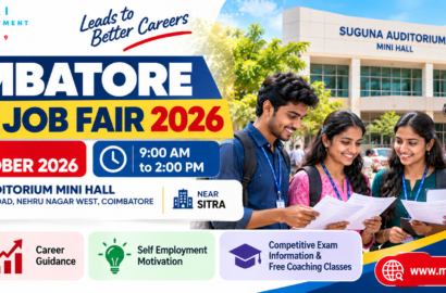 Coimbatore Micro Job Fair 2026 banner for the employment event on 24 October at Suguna Auditorium Mini Hall, near SITRA.