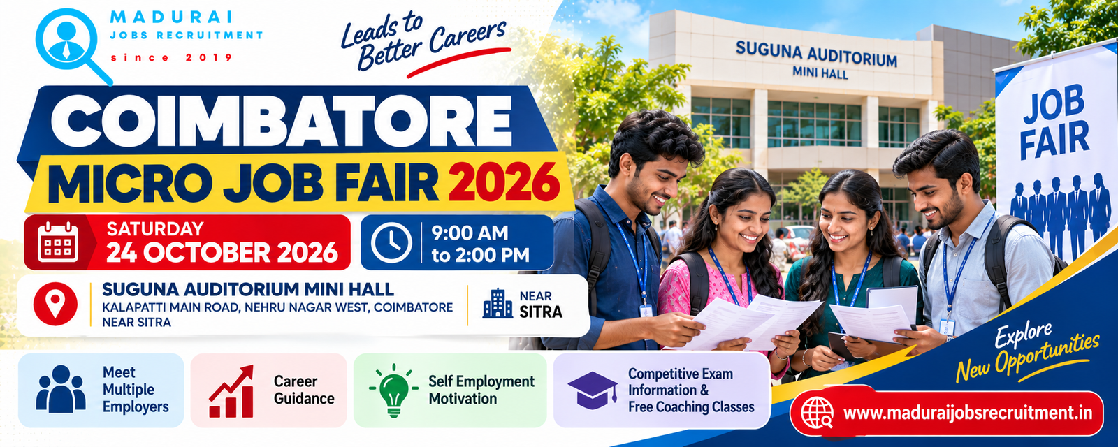 Coimbatore Micro Job Fair 2026 banner for the employment event on 24 October at Suguna Auditorium Mini Hall, near SITRA.