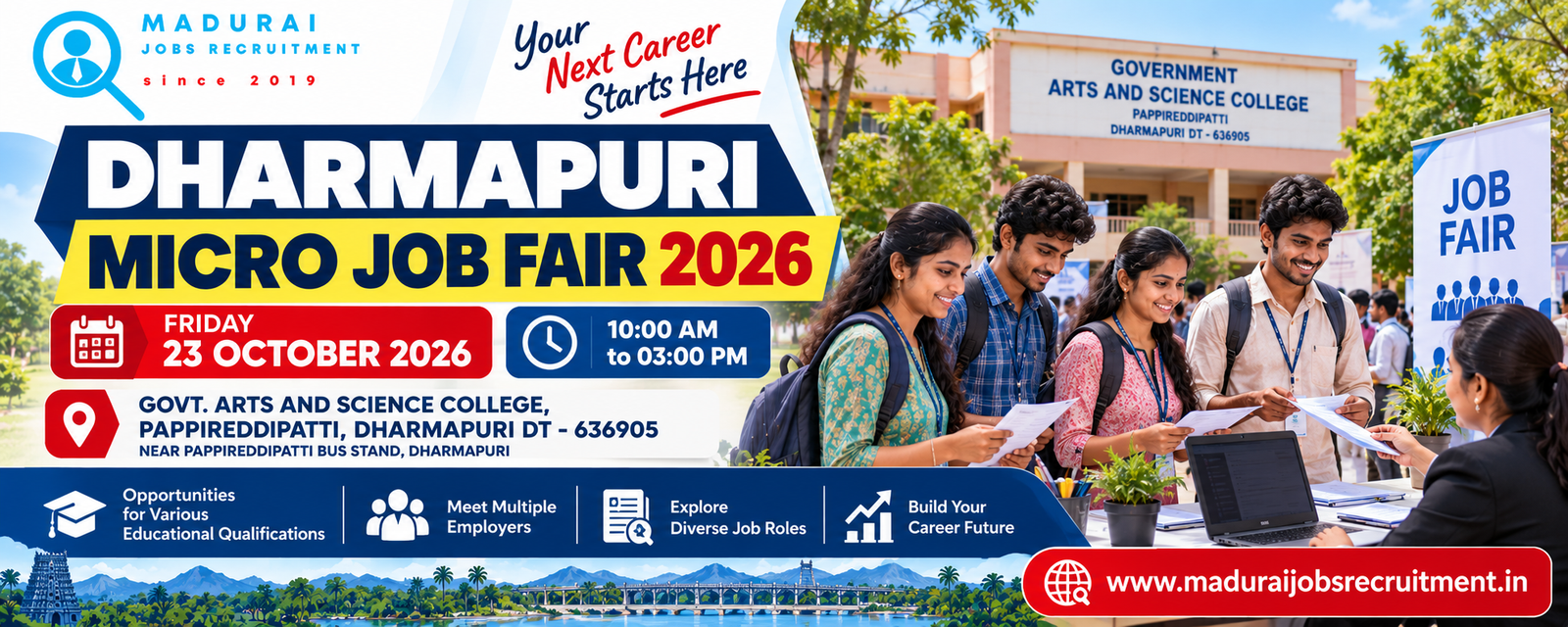 Dharmapuri Micro Job Fair 2026 banner for the recruitment event at Government Arts and Science College, Pappireddipatti, on 23 October 2026.