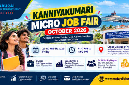 anniyakumari Micro Job Fair 2026 promotional banner for the recruitment event at Grace College of Nursing, Padanthalumoodu, on 23 October.