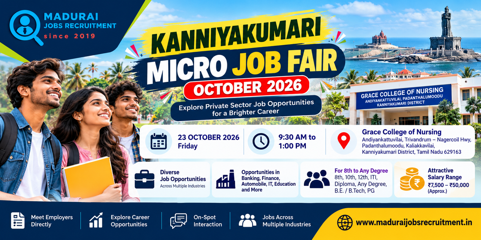 anniyakumari Micro Job Fair 2026 promotional banner for the recruitment event at Grace College of Nursing, Padanthalumoodu, on 23 October.