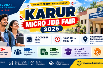 Karur Micro Job Fair 2026 banner for the private-sector recruitment event on 16 October at Government Polytechnic, Kaniyalampatty, Karur.