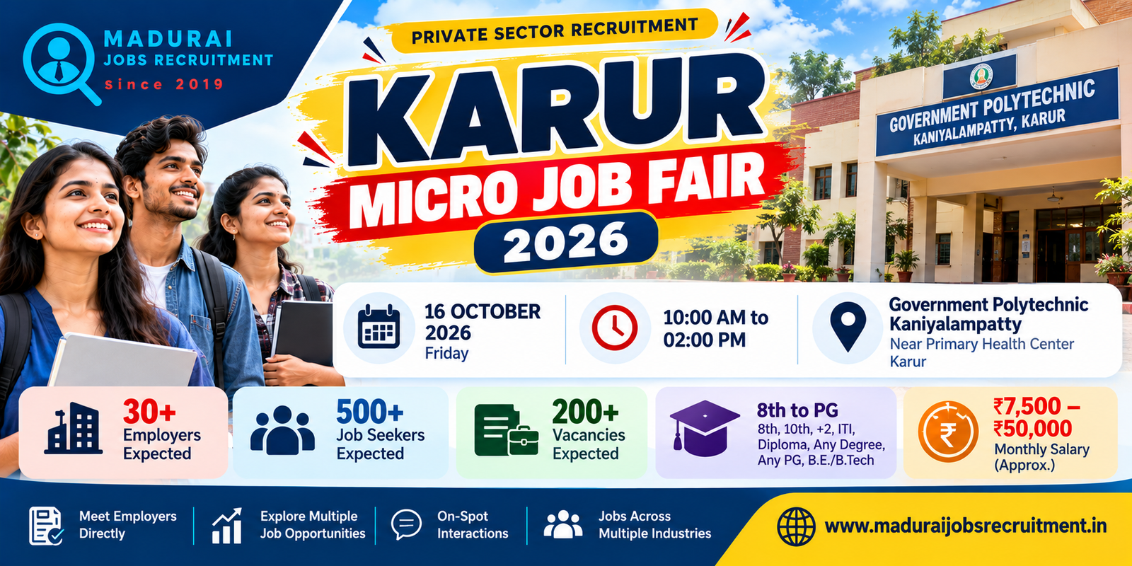 Karur Micro Job Fair 2026 banner for the private-sector recruitment event on 16 October at Government Polytechnic, Kaniyalampatty, Karur.