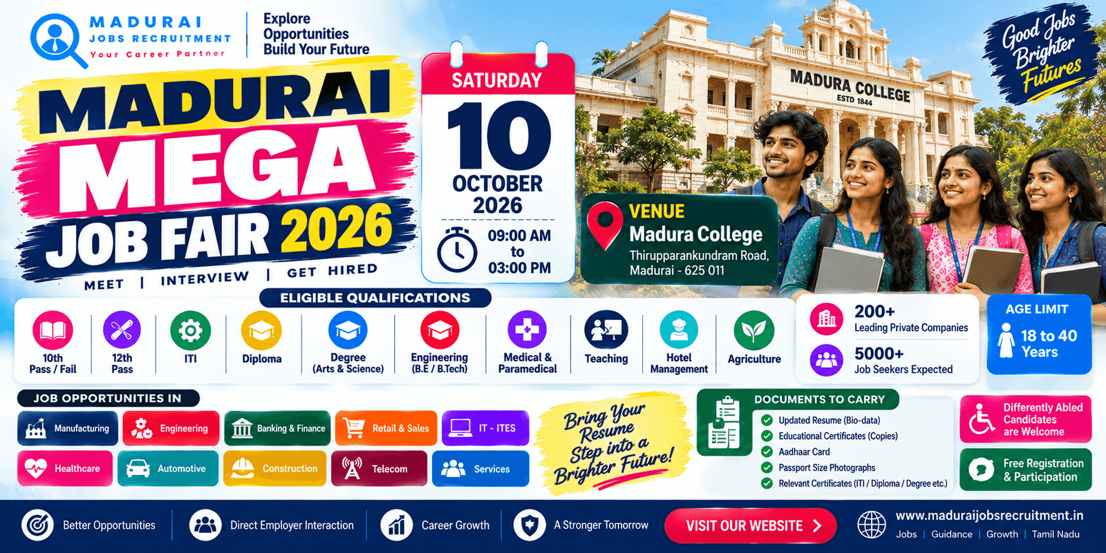 Madurai Mega Job Fair 2026 at Madura College on 10 October