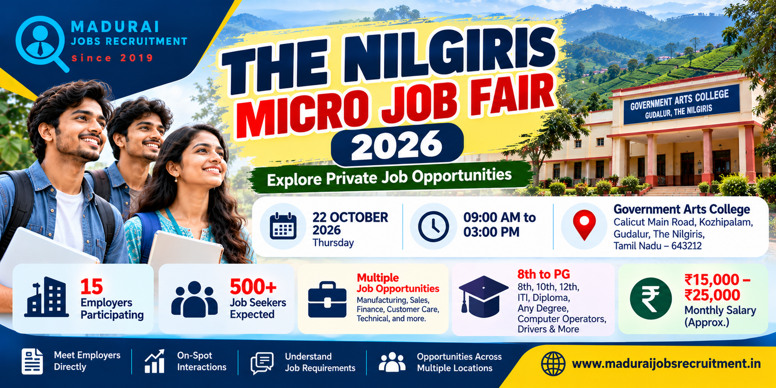 The Nilgiris Micro Job Fair 2026 banner for the recruitment event on 22 October at Government Arts College, Gudalur.