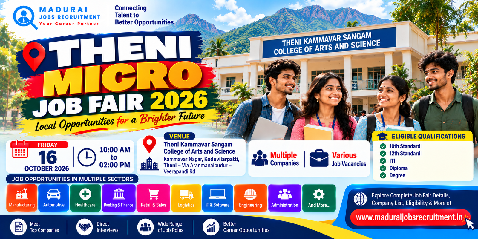 Theni Micro Job Fair 2026 at Kammavar Sangam College of Arts and Science, Koduvilarpatti, on 16 October
