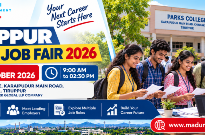 Tiruppur Micro Job Fair 2026 banner announcing the private-sector recruitment event on 23 October at Parks College, Chinnakkarai, Tiruppur.